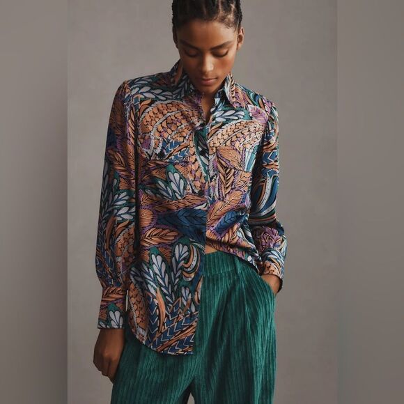 NWT BANJANAN Cora Botanical Print Long Sleeve Button Down Shirt in Clay size M - Picture 1 of 13